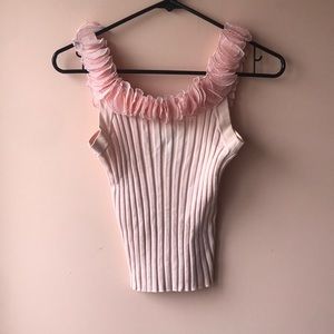 Vintage pink ribbed ruffle tank top